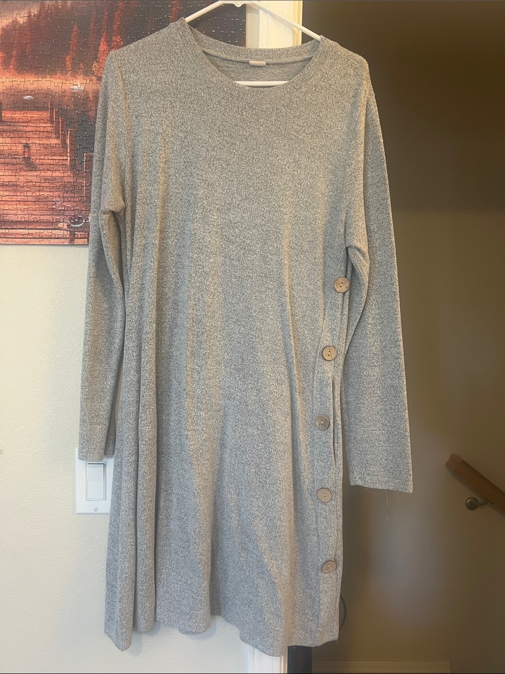 Cozy Gray Button-Side Crew Neck Sweater Dress